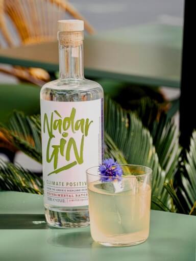 Bottle of Nàdar gin from Arbikie on the table with cocktail next to it