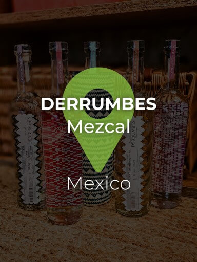 Five bottles of Derrumbes mezcal lined up, each representing a distinct Mexican region_1