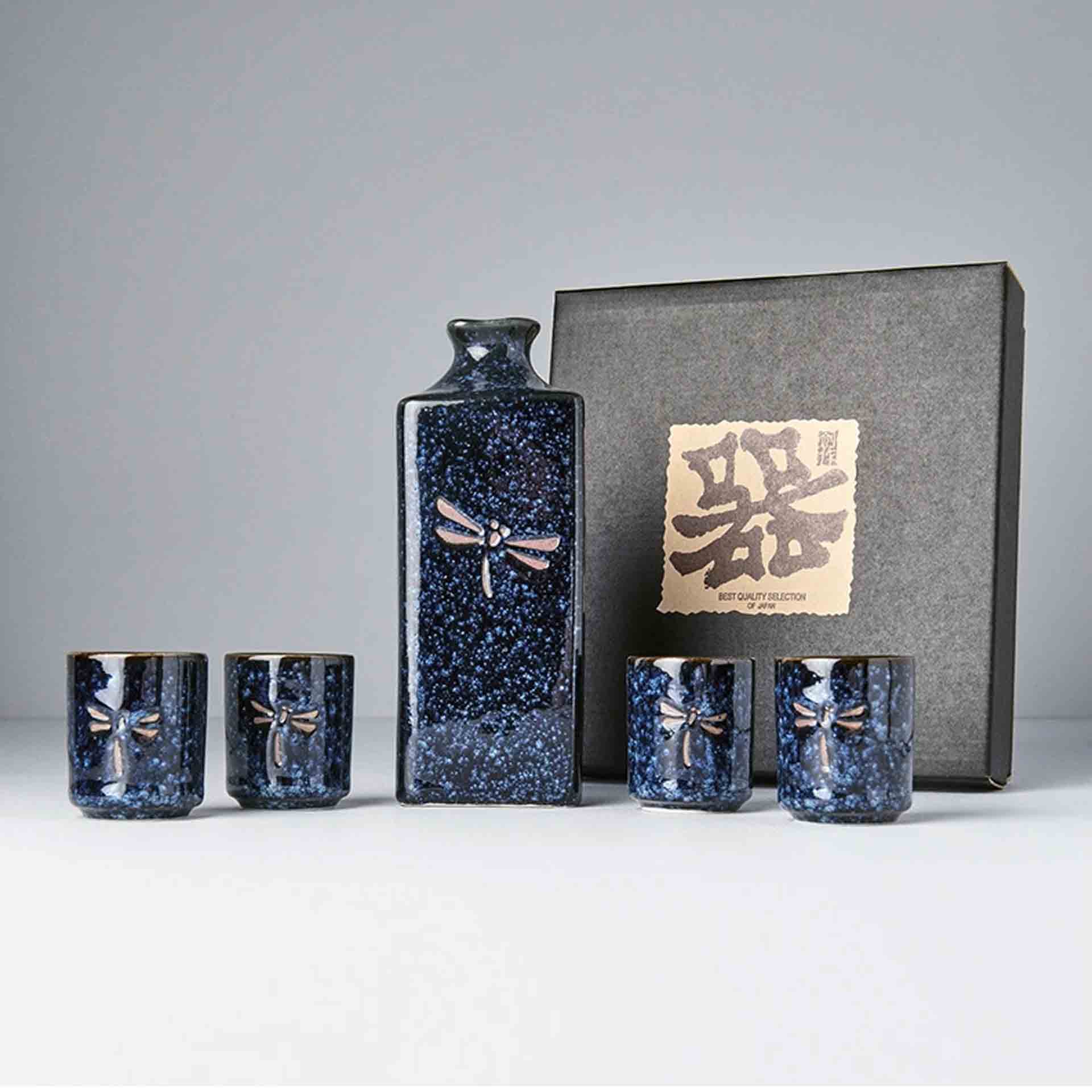 Sake Set Dark Blue Dragonfly 5Pcs