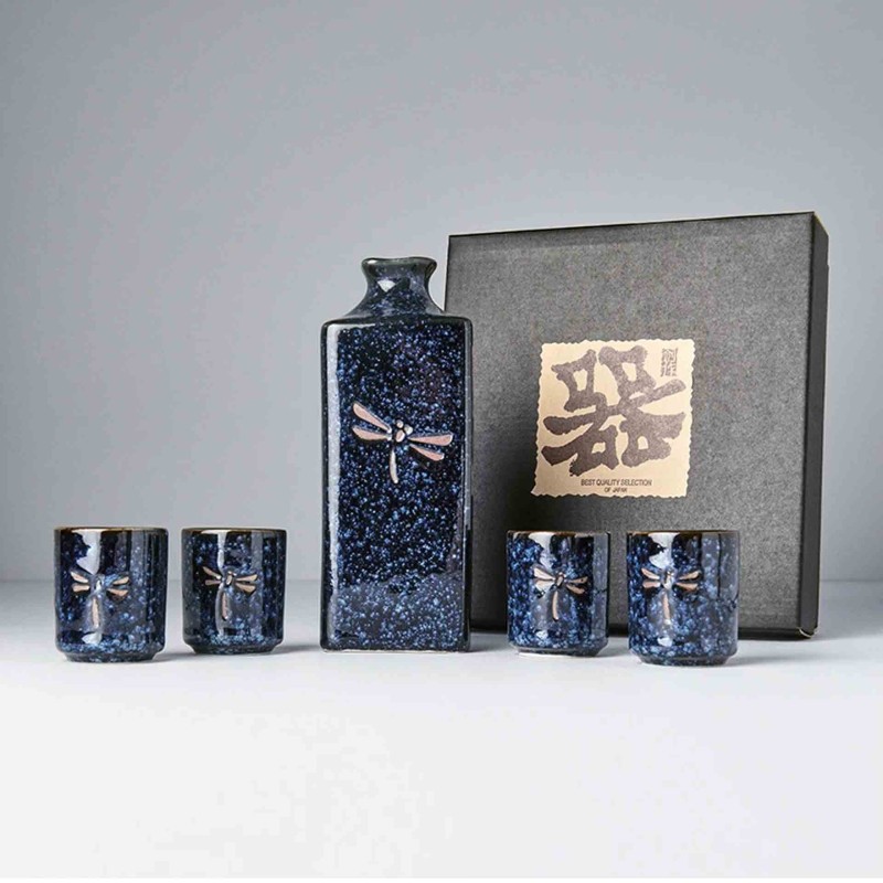 Sake Set Dark Blue Dragonfly 5Pcs
