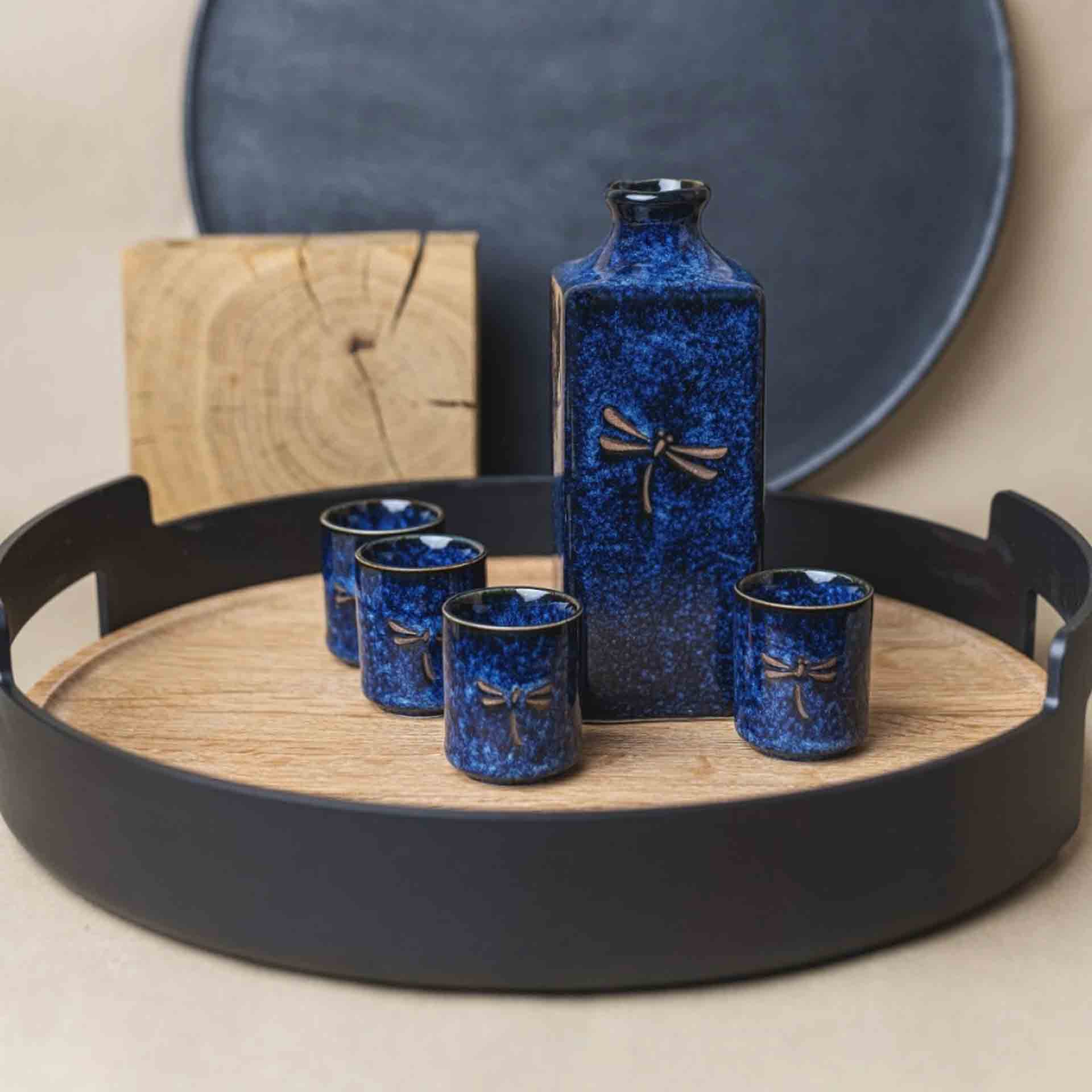 Sake Set Dark Blue Dragonfly 5Pcs