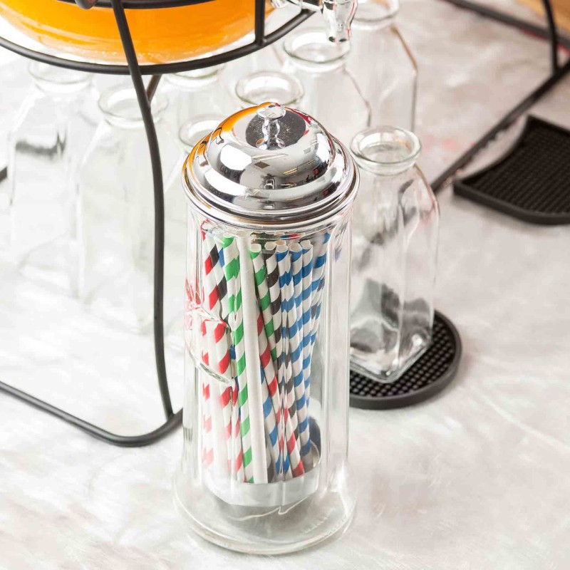 Glass Straw Dispenser Chrome Plated Top 10X10X25Cm